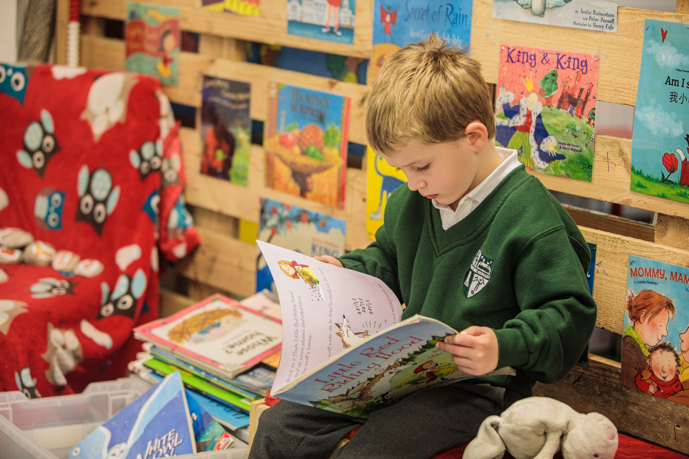 primary aged boy reading a book in the school library