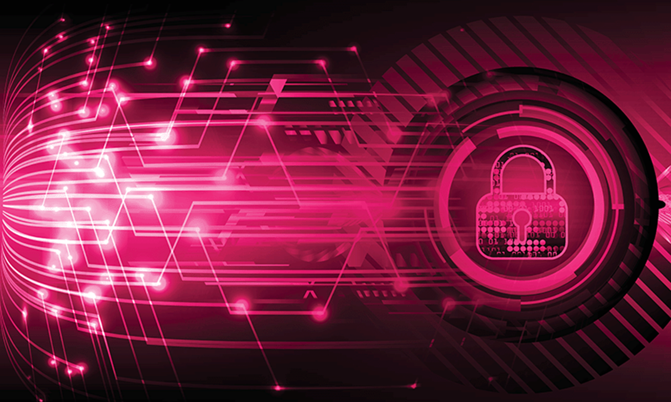 stylised bright pink image of a padlock and internet data