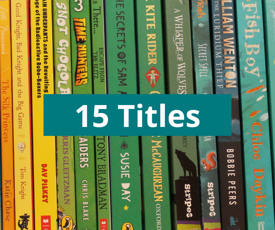 Brightly coloured book spines with the words '15 Titles'