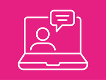 Pink online learning icon showing illustrated laptop with person and speech bubble on screen